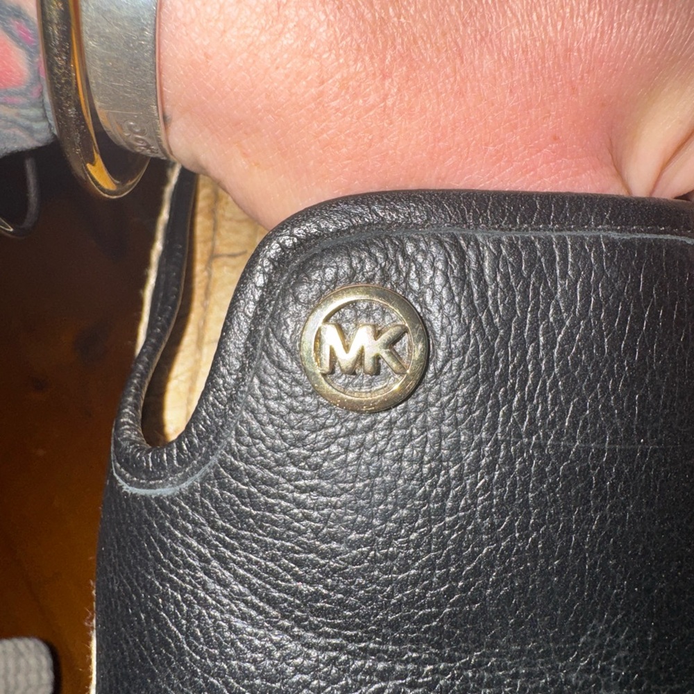 Michael Kors Black Leather Slip-On Espadrille Slides with Gold MK Accent - Picture 6 of 8
